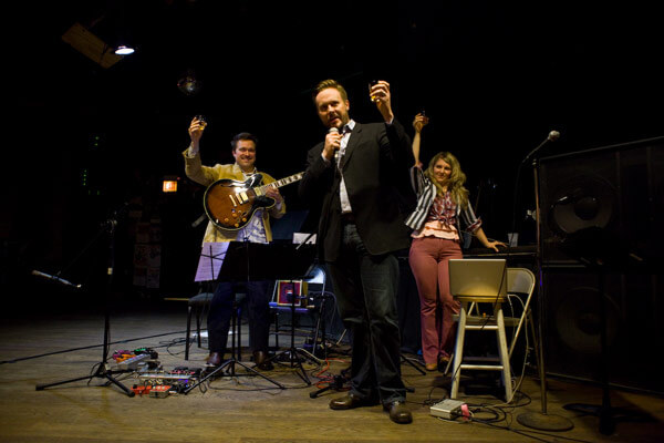 (Un)familiar Music Series: ritual drinking of shots - Jesse Langen, Doyle Armburst, and Amanda DeBoer Bartlett (photo credit: Marc Perlish Photography)