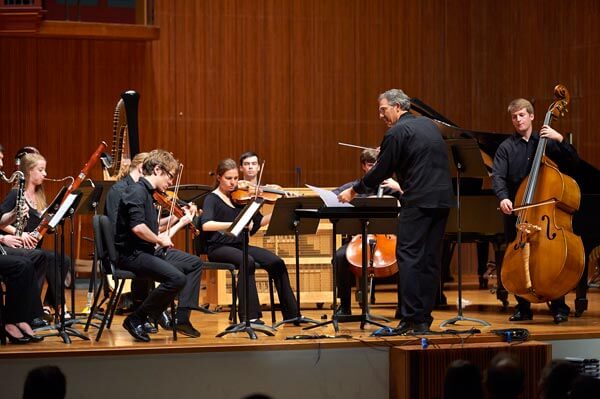 Timothy Weiss conducting the Oberlin Contemporary Music Ensemble in Benjamin Broening's What the Light was Like (photo credit: Roger Mastroianni/Oberlin Conservatory)