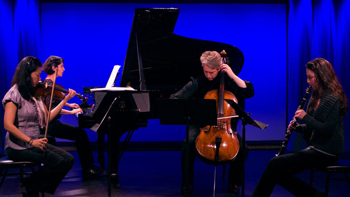 Ensemble Pi members Airi Yoshioka, violin, Idith Meshulam, piano, Katie Schlaikjer, cello, Moran Katz, clarinet (photo by Daniel Hess)