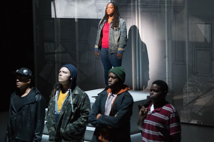 Un/Sung (spoken word artist Lauren Whitehead) and her brothers (L-R) John Henry (bass-baritone Aubrey Allicock), John Little (tenor Daniel Shirley), John Mack (baritone Adam Richardson), and John Blue (countertenor John Holiday) make up the Family Stand. Photo by Dominic M. Mercier.