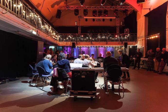 Red Note Ensemble gives an unrehearsed and collaborative performance of Louis Andriessen's Workers Union at Summerhall, Edinburgh--Photo by Lara Cappelli 