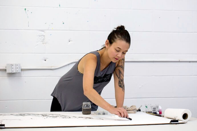 Sunita LeGallou in a live painting performance with Timepoint Ensemble at Voltage Garage--Photo by Bill Bain