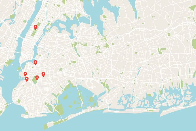 "Counterpoints" begins with a map of New York dotted with half a dozen clickable pins, mostly in Brooklyn.