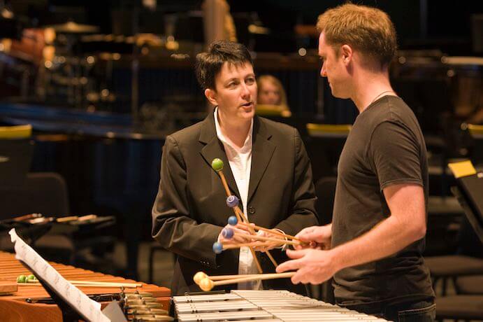 Jennifer Higdon and soloist Colin Currie in rehearsal for Higdon's Percussion Concerto (photo by RR Jones)