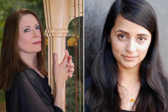 Harpist Yolanda Kondonassis (Photo by Laura Watilo Blake) and composer Reena Esmail (Photo by Rachel Garcia)