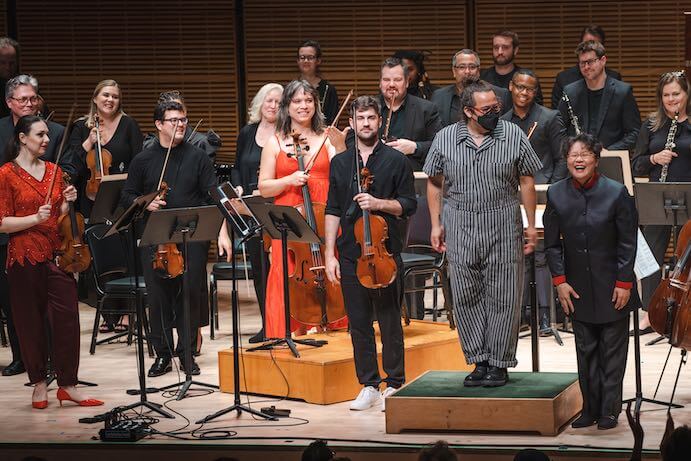 inti figgis-vizueta, Mei Ann Chen, and Attacca Quartet with American Composers Orchestra-- Photo by Alfred Kan