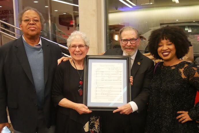 Arlene and Larry Dunn with George Lewis and Courtney Bryan following the premiere of Bryan’s "Dreaming (Freedom Sounds)" -- Photo by Isabel Crespo Pardo