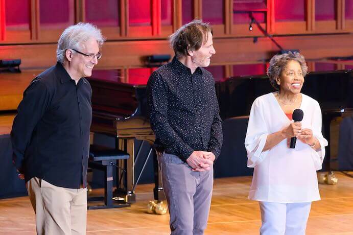 Ed Gazouleas, Tania León, and Steven Mackey introduce a concert at Tanglewood Music Center's Festival of Contemporary Music -- Photo by Hilary Scott