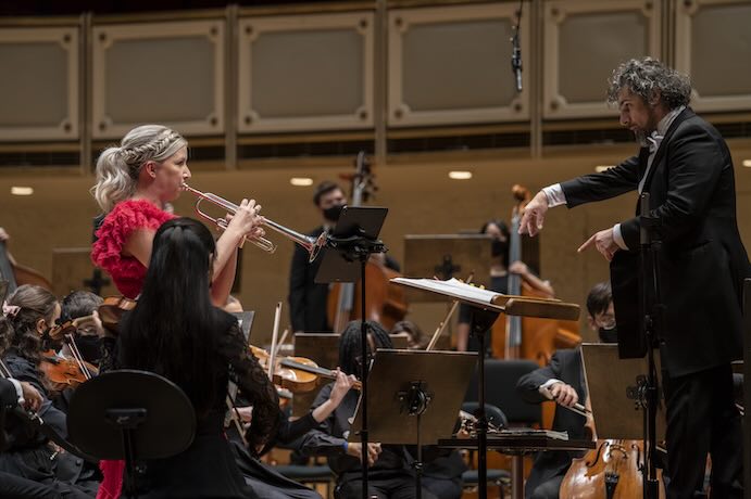 Mary Elizabeth Bowden, Allen Tinkham, and the CYSO -- Photo by Alyce Henson