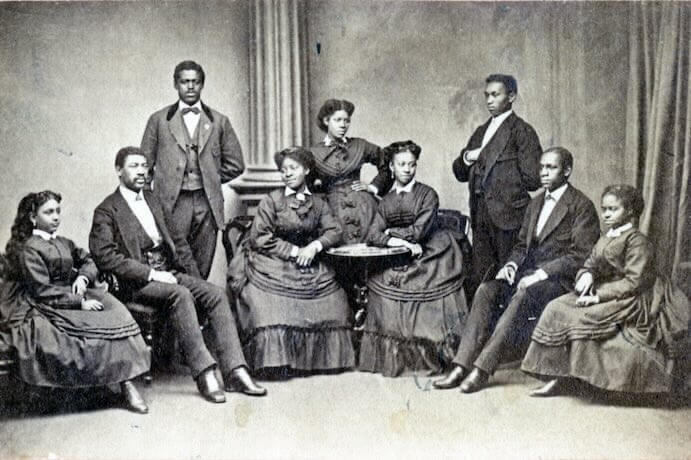 The Original Fisk Jubilee Singers: Minnie Tate, Greene Evans, Isaac P. Dickerson, Jennie Jackson, Maggie Porter, Ella Sheppard, Thomas Rutling, Benjamin Holmes, and Eliza Walker -- Courtesy of Fisk University