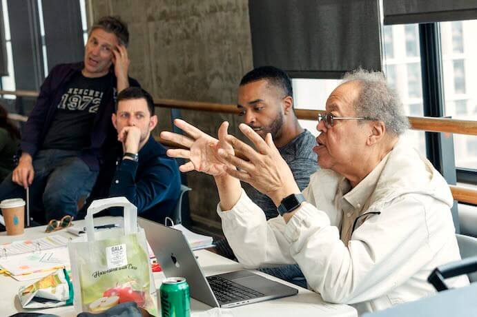 Marc Lowenstein, Yuval Sharon, Luther Lewis, and George Lewis in rehearsal for "The Comet / Poppea" -- Photo by Erin Baiano, courtesy of The Industry