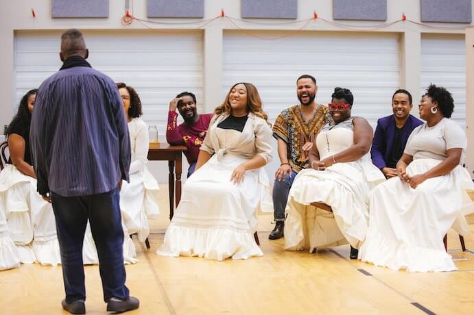 Tazewell Thompson, Aundi Marie Moore, Lisa Arrindell, Tyrone Chambers II, Hannah Jones, Martin Luther Clark, Ibidunni Ojikutu, Martin Bakari, and Natalie Lewis in staging rehearsal for "Jubilee" -- Photo by Sunny Martini