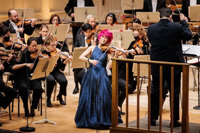 Jennifer Koh with the Boston Symphony and Andris Nelsons -- Photo by Aram Boghosian