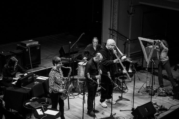 Cecilia Lopez, Ingrid Laubrock, Ned Rothenberg, Tom Rainey, Jim Staley, and Zeena Parkins -- Photo by Peter Gannushkin, courtesy of Roulette